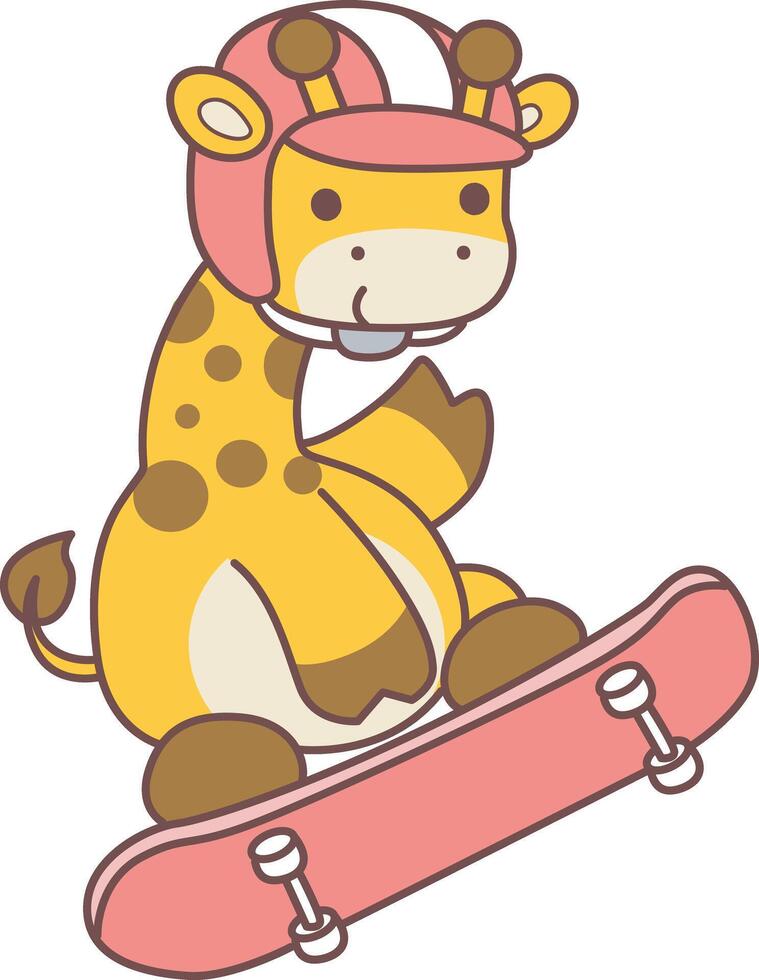 A giraffe playing a skate board. Cute giraffe animals with various activities. Funny sticker of Giraffe animal kids. vector