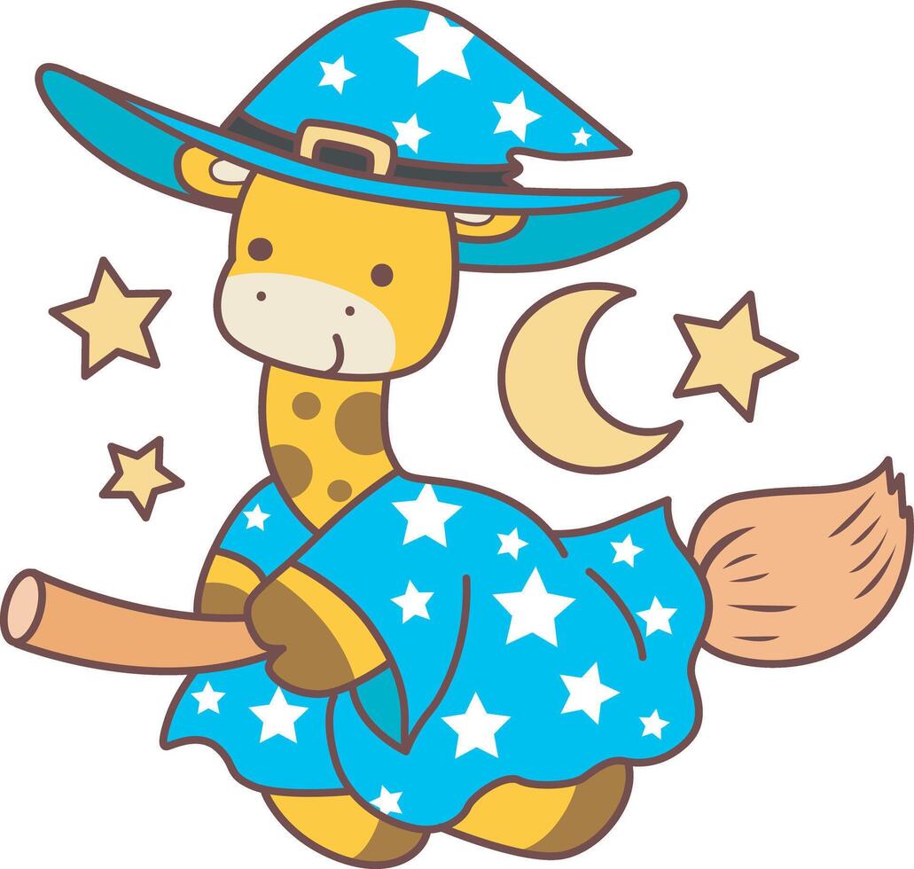 A witch giraffe flying with broom stick. Halloween set Stock Illustrations of Baby Giraffe. Cute giraffe animals with halloween theme. vector