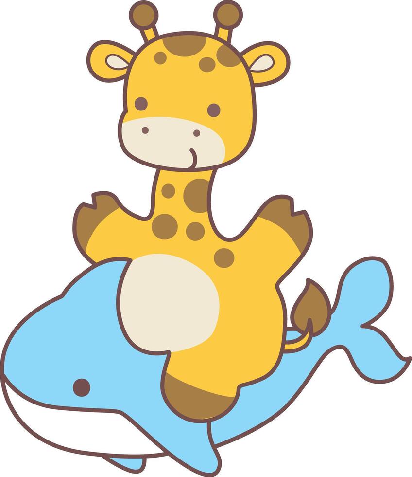 A baby giraffe riding a shark. Cute giraffe animals with various activities. Funny sticker of Giraffe animal kids. vector