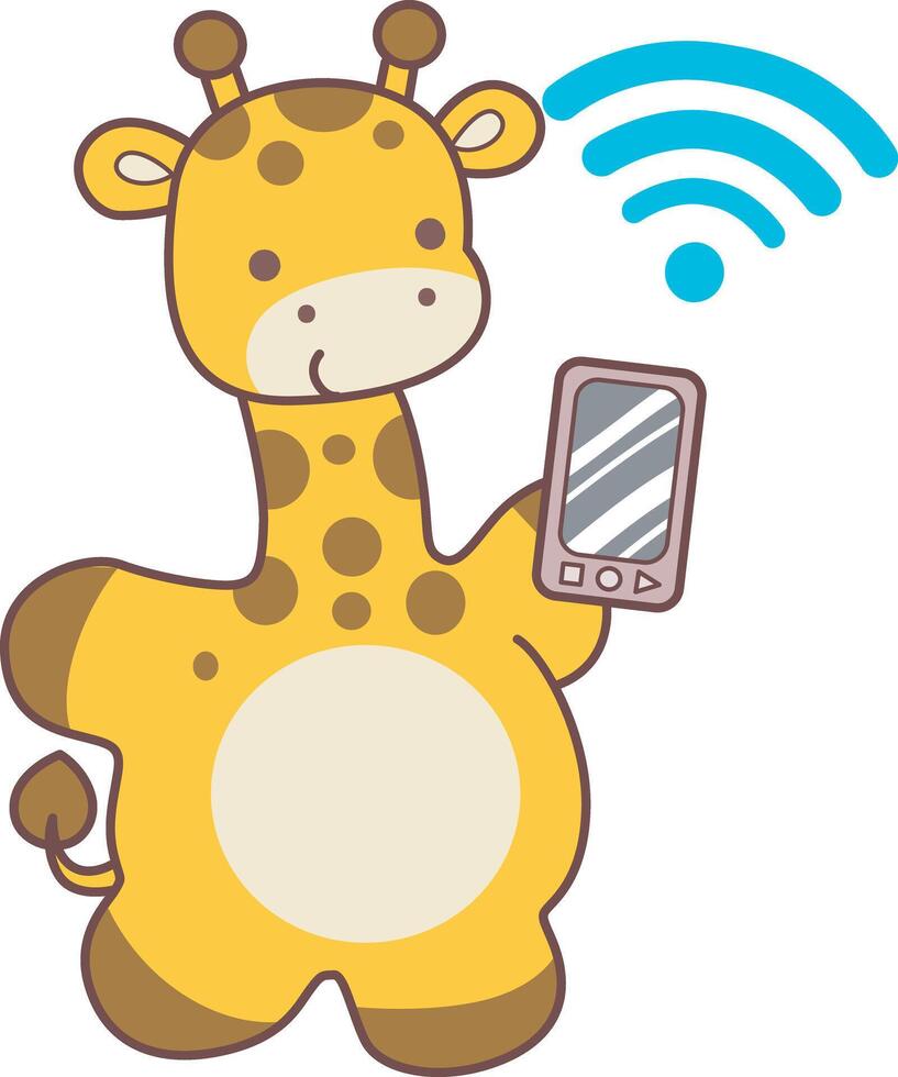 A giraffe find a signal internet. Cute giraffe animals with various activities. Funny sticker of Giraffe animal kids. vector