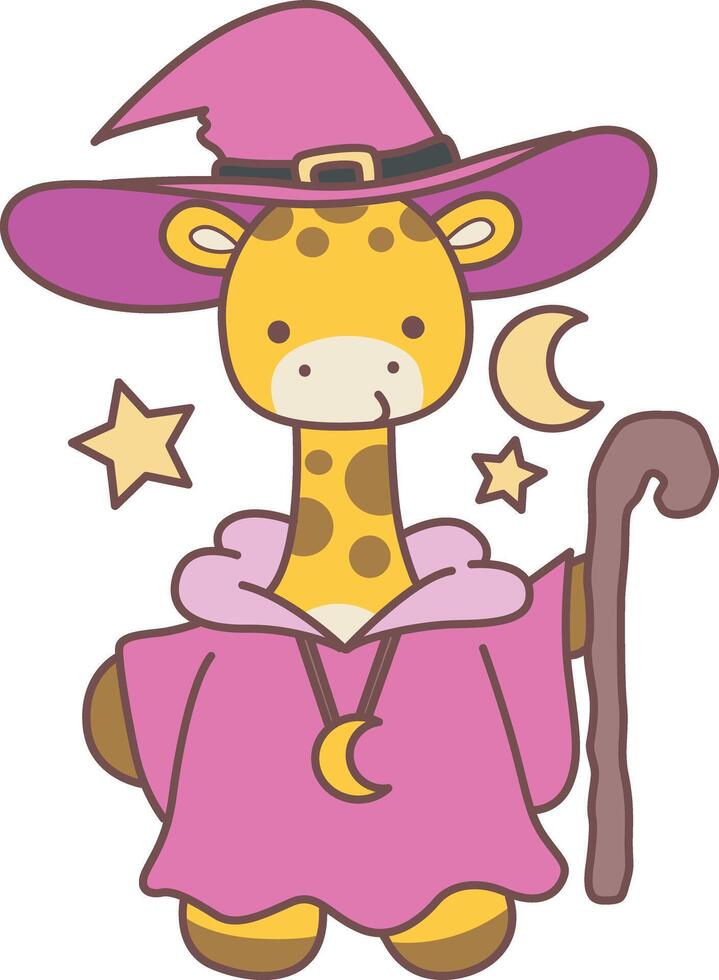 A baby giraffe weairng a violet witch costume. Halloween set Stock Illustrations of Baby Giraffe. Cute giraffe animals with halloween theme. vector