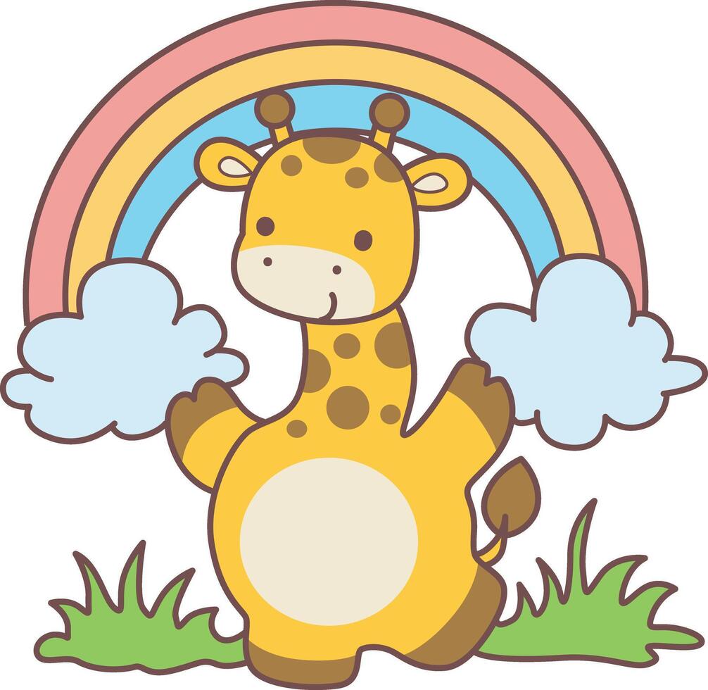 A giraffe in front of rainbow. Cute giraffe animals with various activities. Funny sticker of Giraffe animal kids. vector