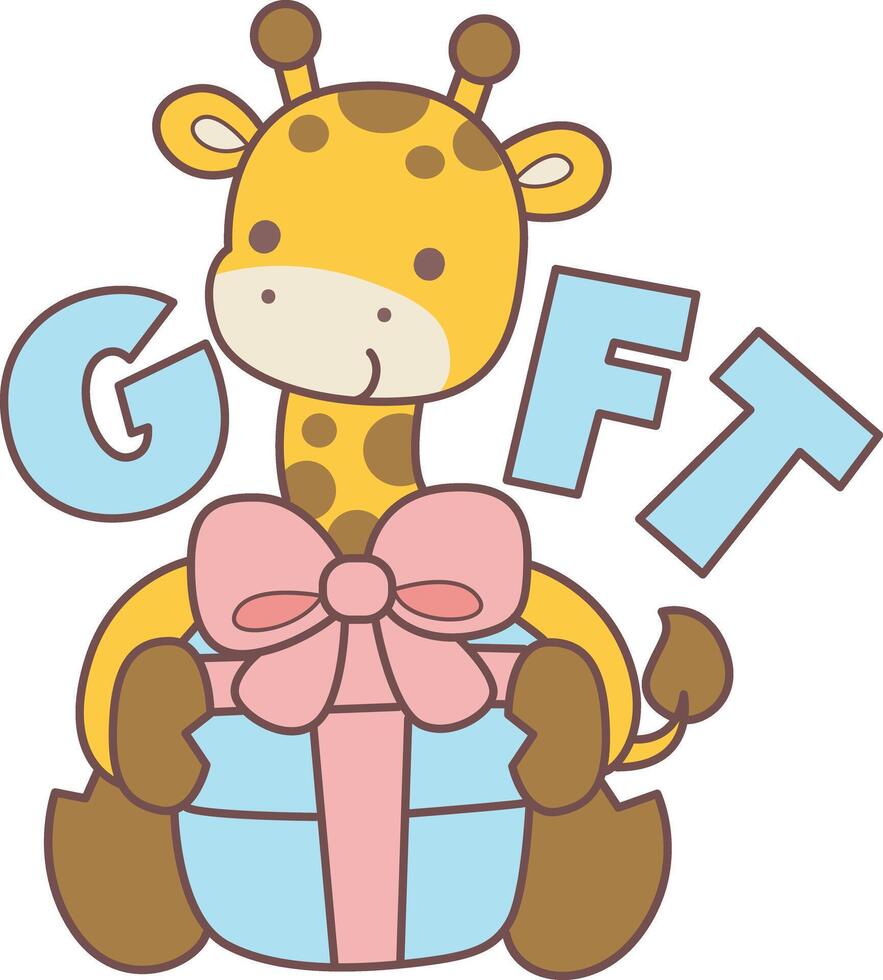 A giraffe send a gift. Cute giraffe animals with various activities. Funny sticker of Giraffe animal kids. vector