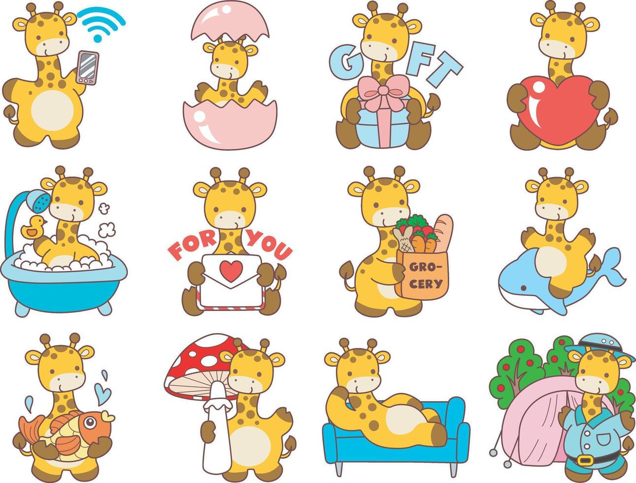 Variation of random of activities sticker of baby giraffe. Cute giraffe animals with various activities. Funny sticker of Giraffe animal kids. vector