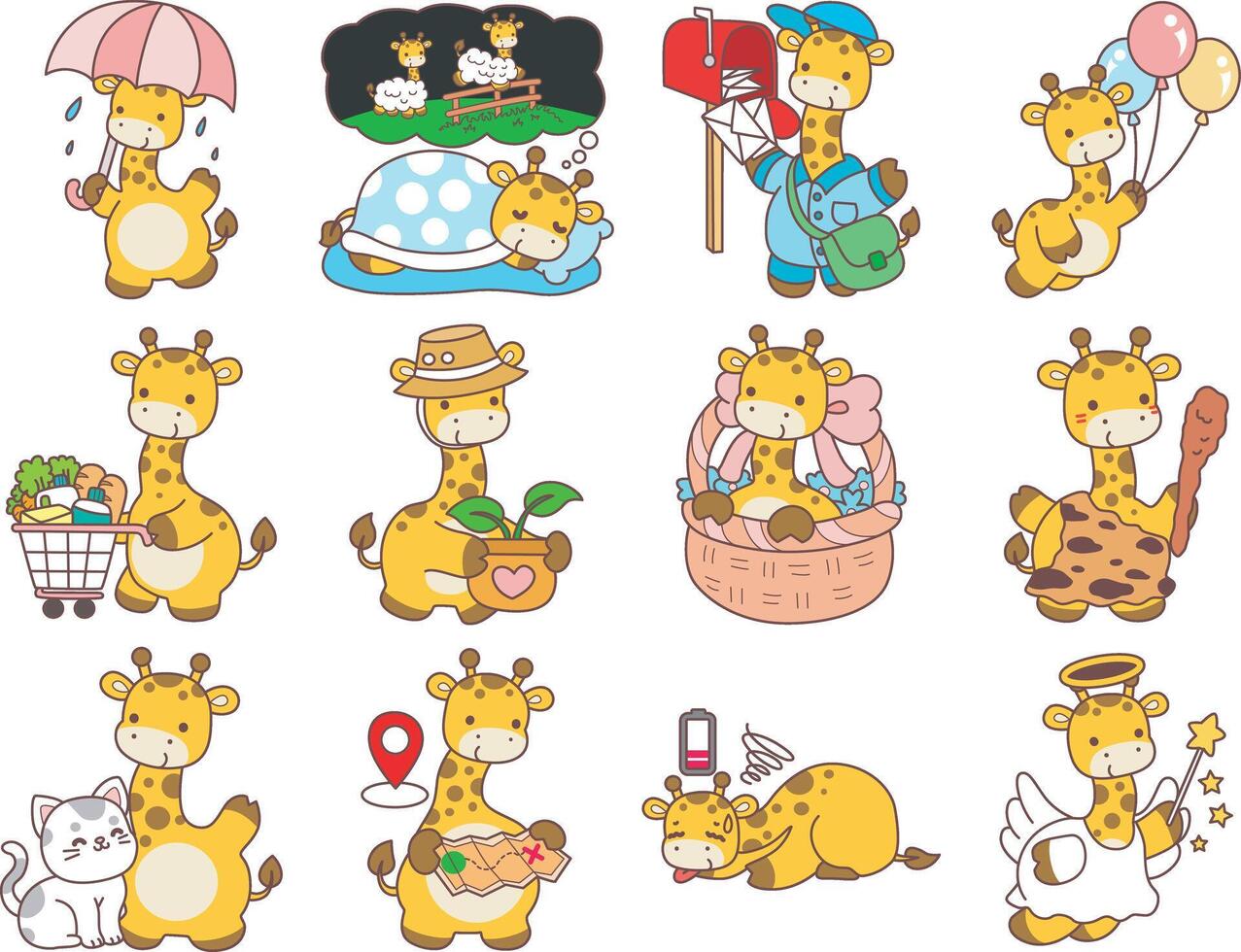 A funny giraffe in the variation of daily life. Cute giraffe animals with various activities. Funny sticker of Giraffe animal kids. vector