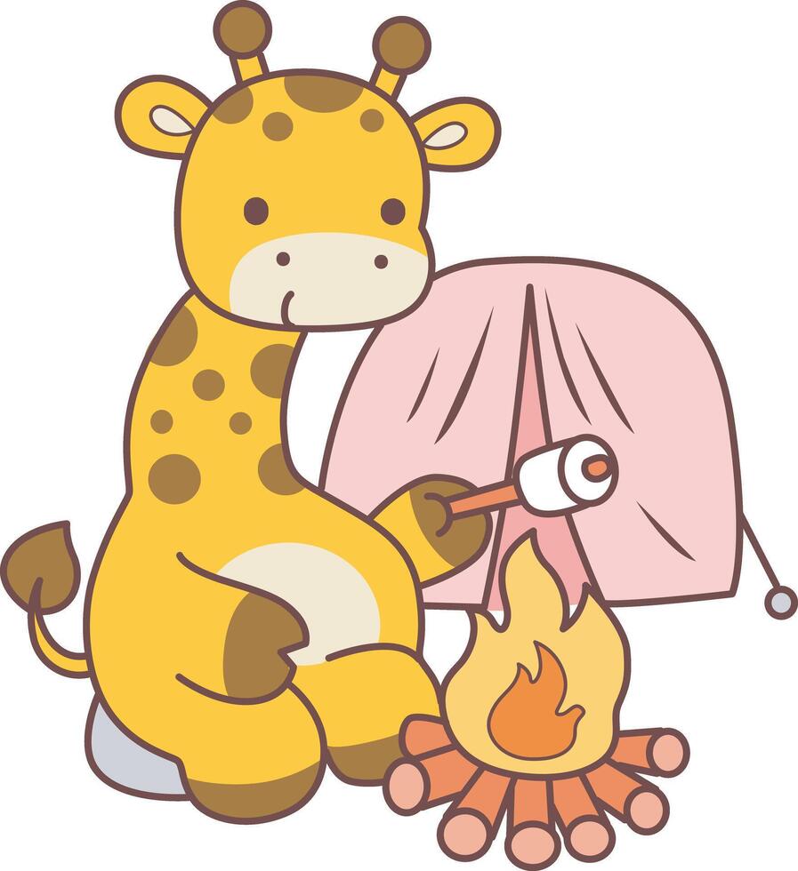 A giraffe roasting a marshmallow in the fire fighter. Cute giraffe animals with various activities. Funny sticker of Giraffe animal kids. vector