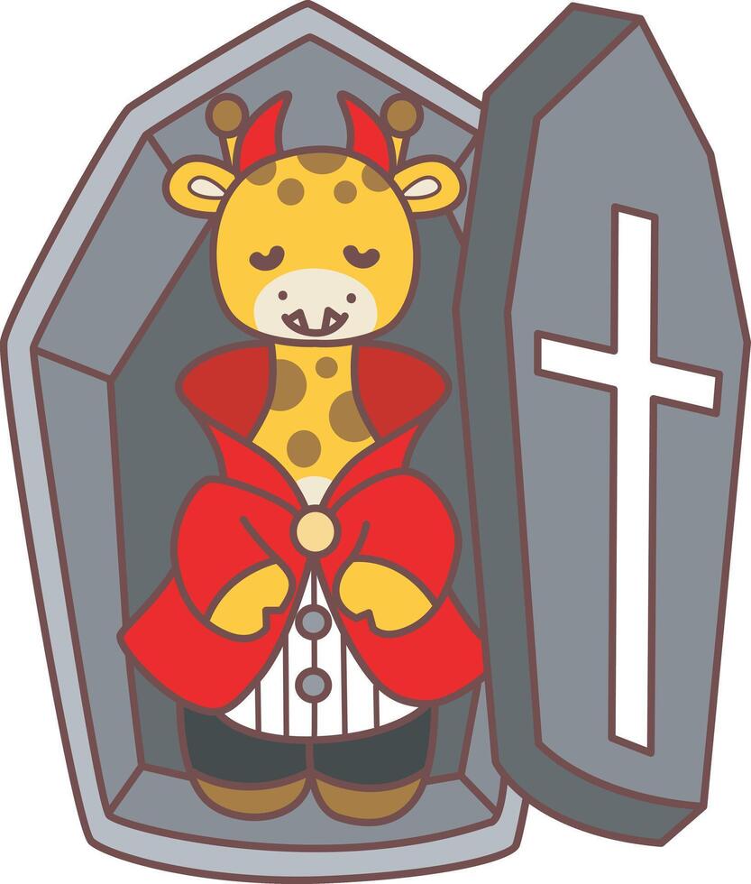 A vampire giraffe in the coffin. Halloween set Stock Illustrations of Baby Giraffe. Cute giraffe animals with halloween theme.Halloween set vector