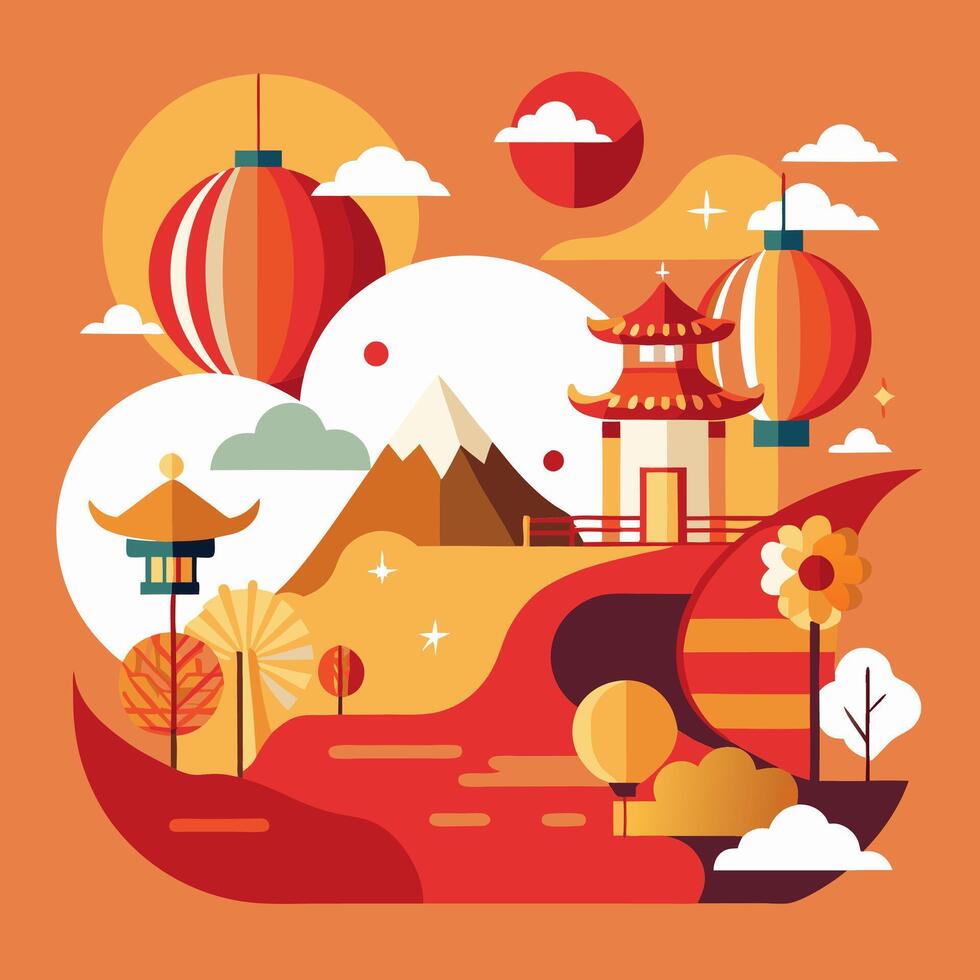 An illustration of a chinese landscape with a mountain and pagoda vector