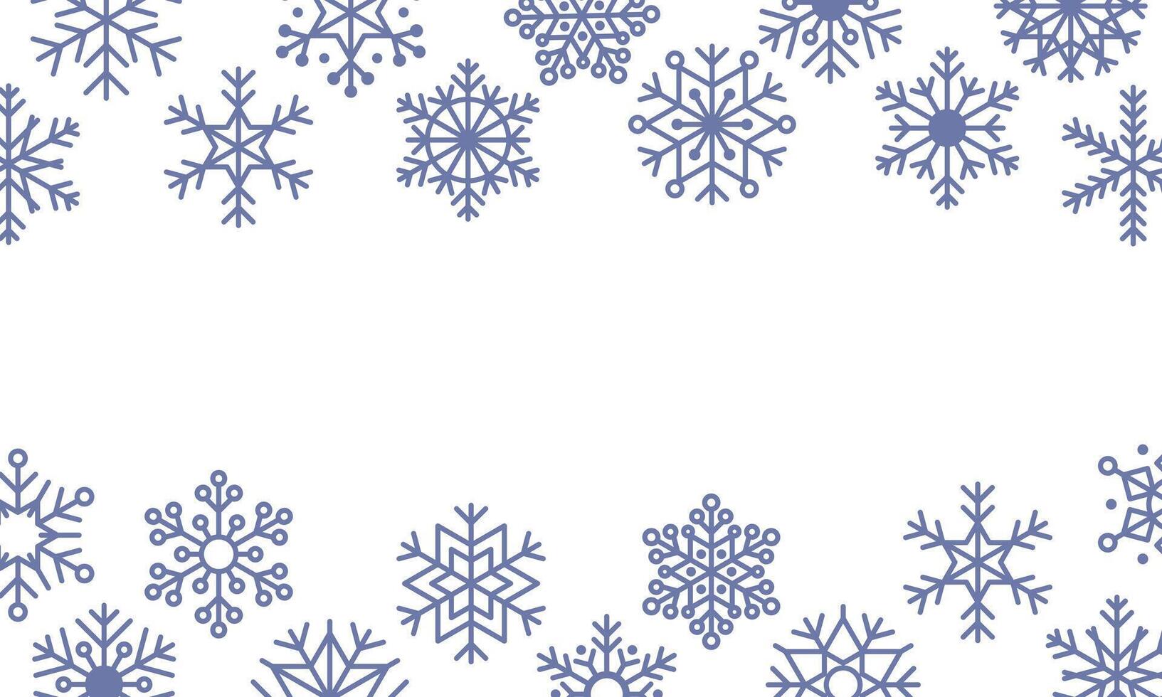 Horizontal frame of blue snowflakes on white background. Snowstorm effect, snowfall, symbol of winter, new year and christmas. illustration frame template for winter design. vector