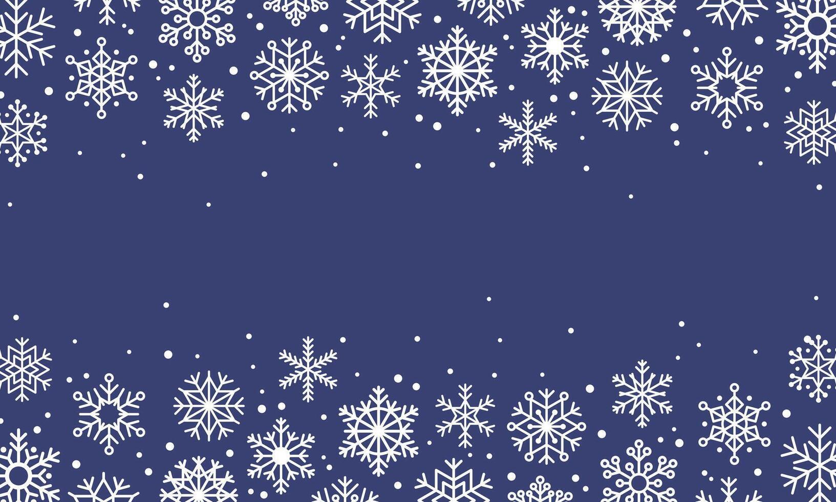 Horizontal frame of white snowflakes on blue background. Snowstorm effect, snowfall, symbol of winter, new year and christmas. illustration frame template for winter design. vector