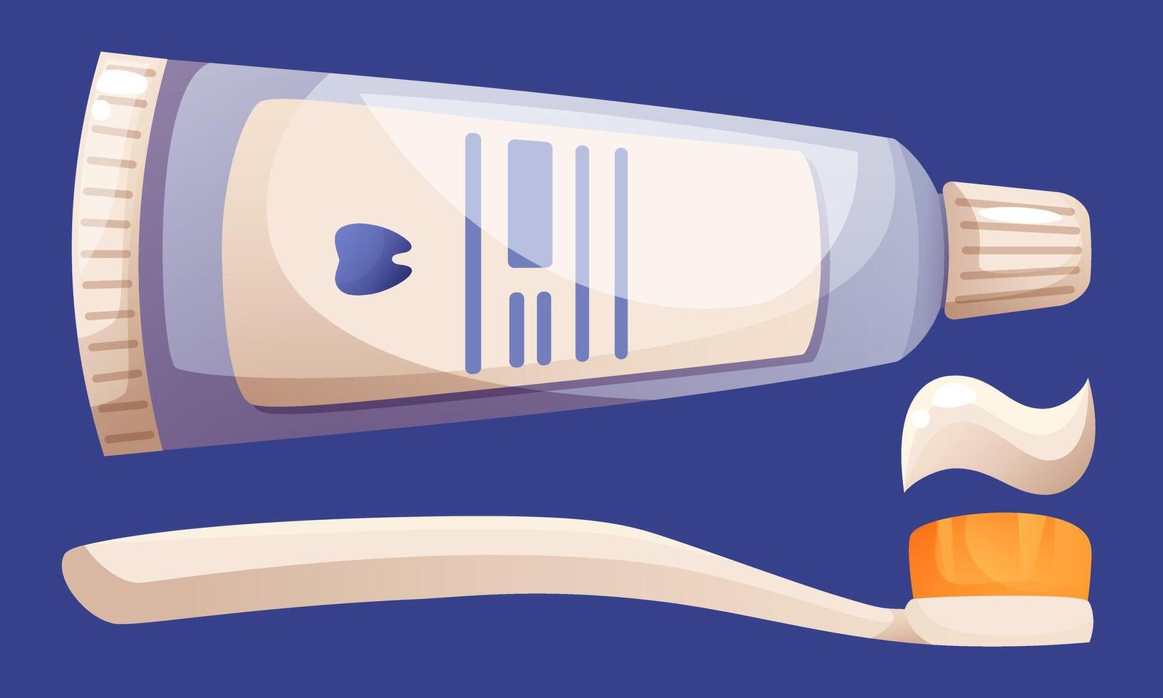 illustration of toothpaste and toothbrush for cleaning teeth on dark blue background. Dental care, oral hygiene. Dental care equipment clip art. vector