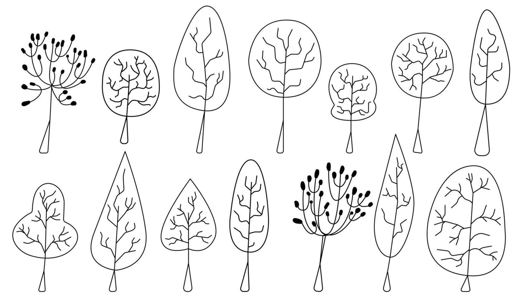 Set of abstract trees, foliage with texture. Collection of isolated plant silhouette, cute garden eco shape. Deciduous and evergreen forest plants. Bare trees and ones with leaves and lush crowns. vector