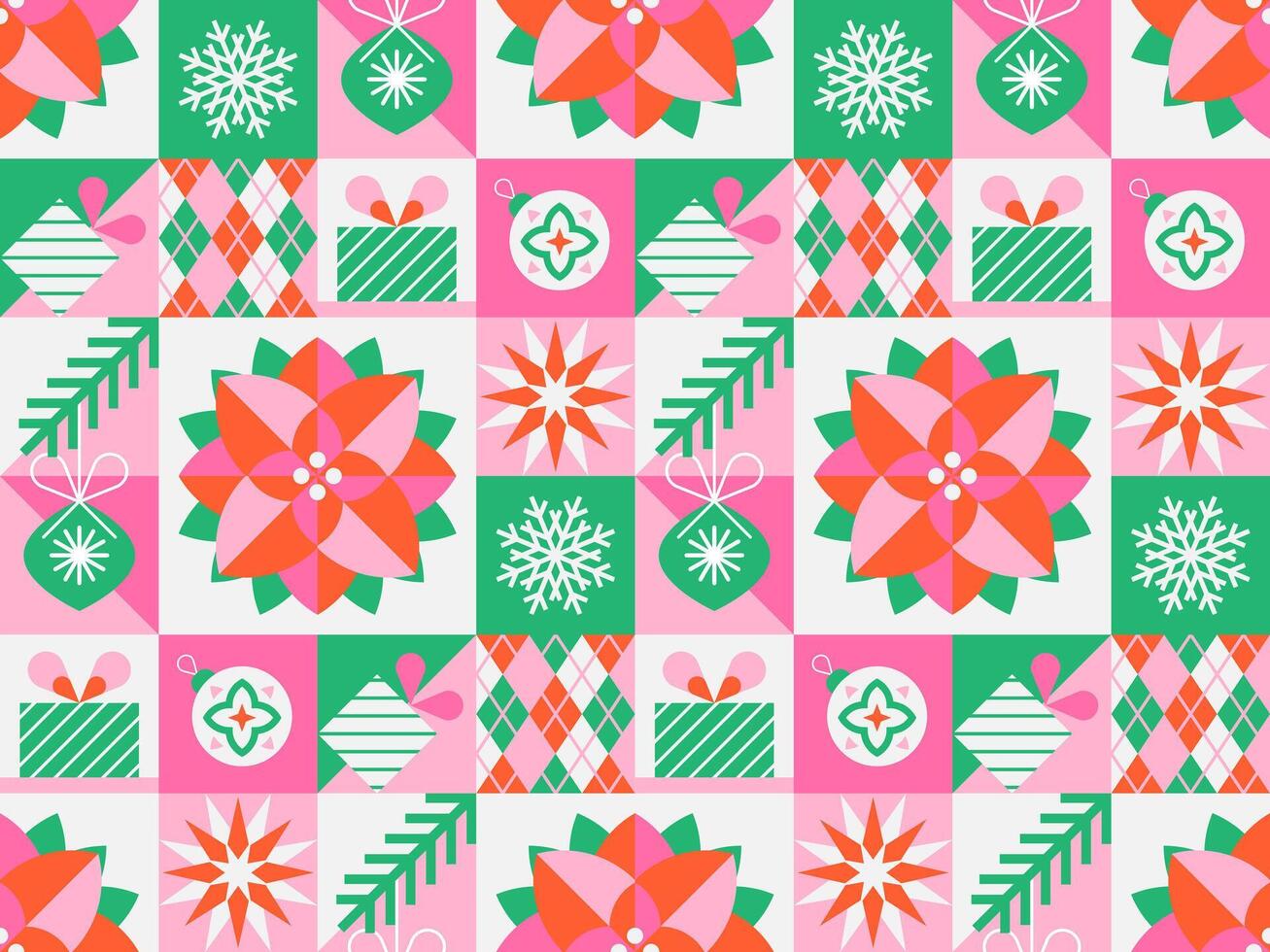 Christmas seamless pattern with poinsettia and geometric winter holiday elements in flat style. vector
