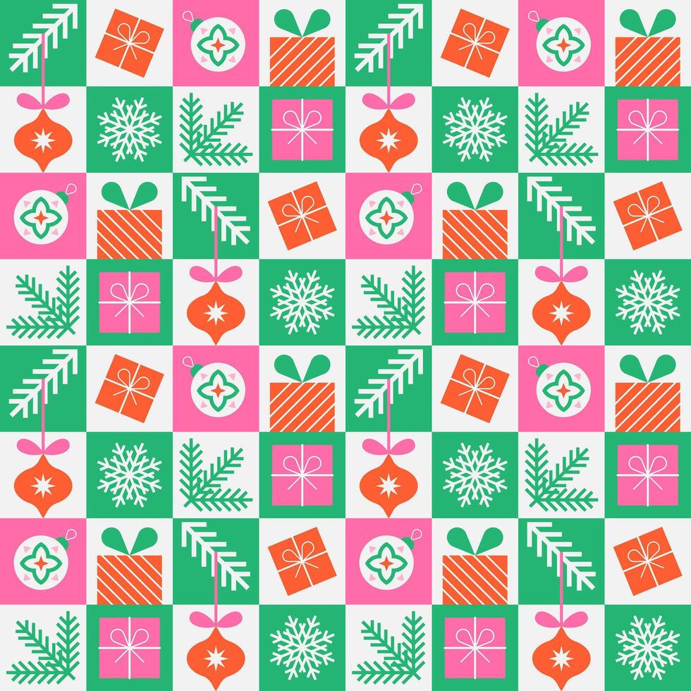 Christmas geometric seamless pattern with square icons elements. Abstract design in flat minimalist style. vector