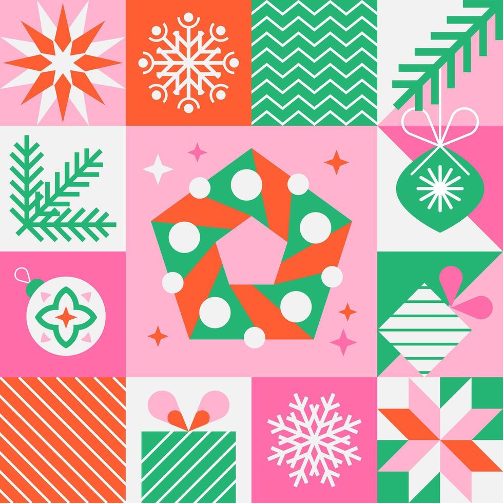 Christmas design elements set with xmas wreath, geometric icons in flat minimalist style. vector