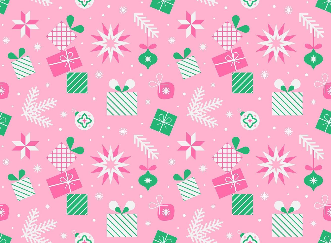 Christmas seamless pattern with geometric design elements on pink background in flat minimalist style. vector