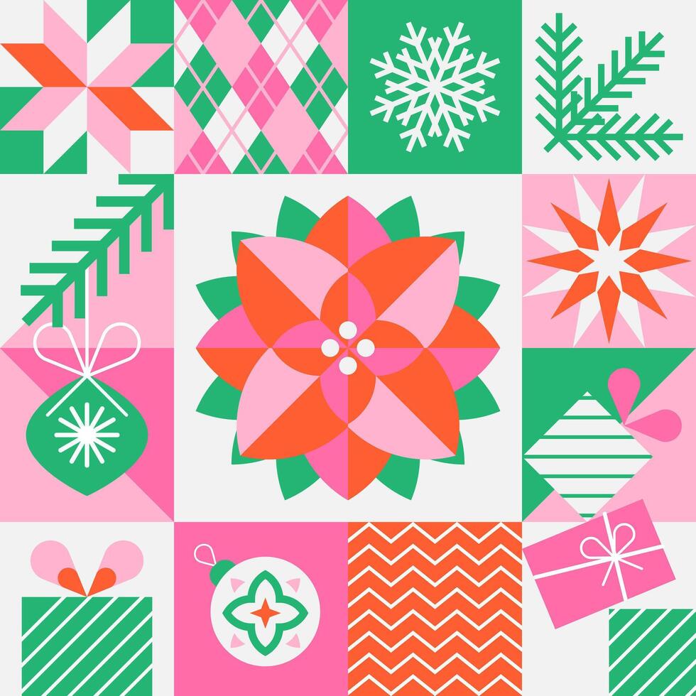 Christmas design with poinsettia, traditional plants symbol and geometric icons elements. in flat minimalist style. vector