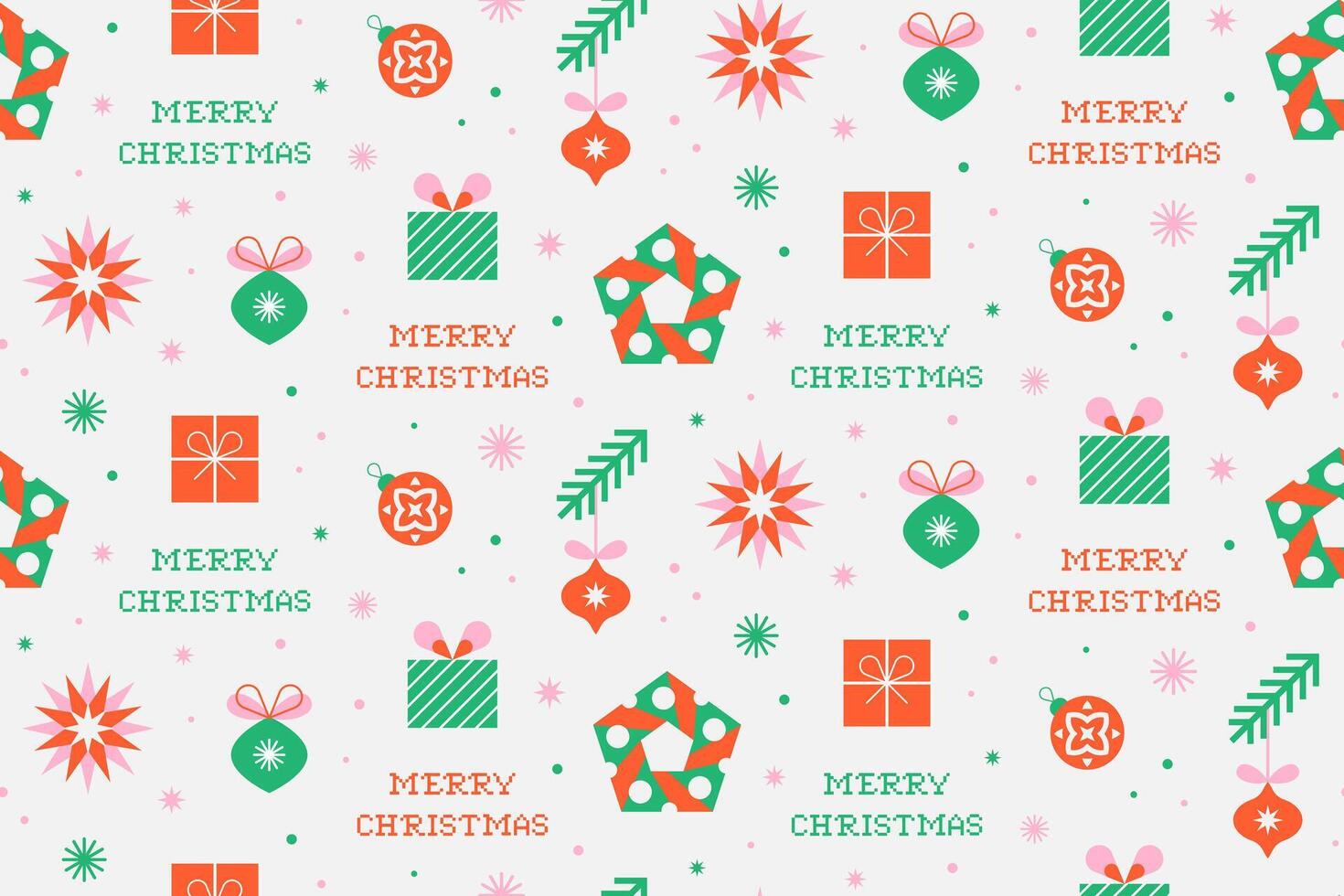 Merry Christmas seamless pattern with geometric design elements and pixel art greeting on white background. vector