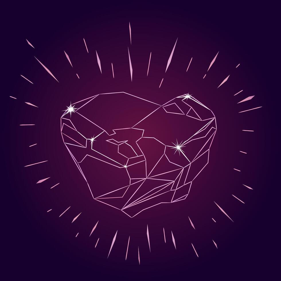 Shining Natural Rough Pink Diamond. lineart illustration of uncut blue diamond. Surface of the gemstone is uneven, with rough edges remaining from mining. vector