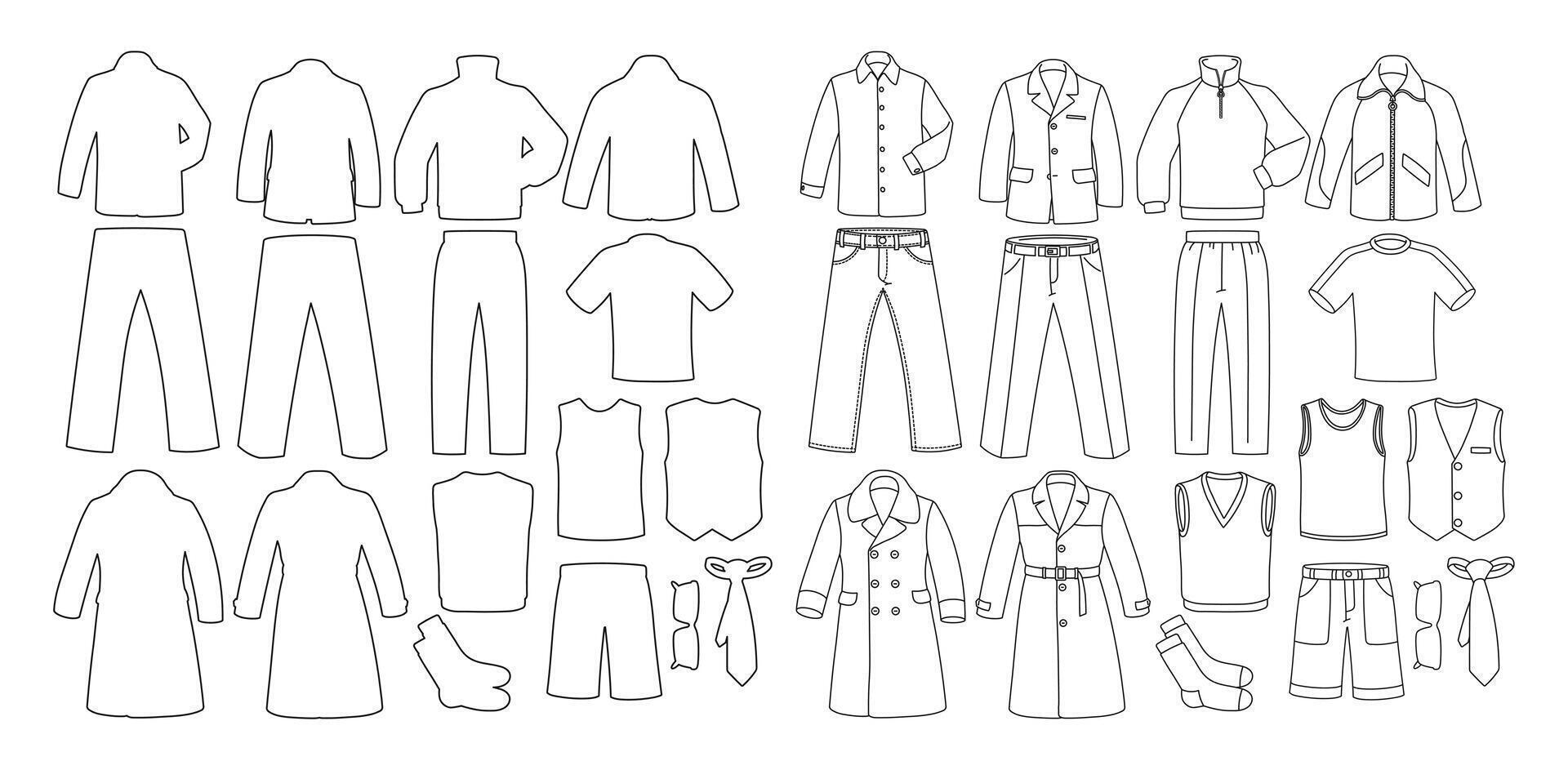 Male clothing mockups, wardrobe sketch, set vector
