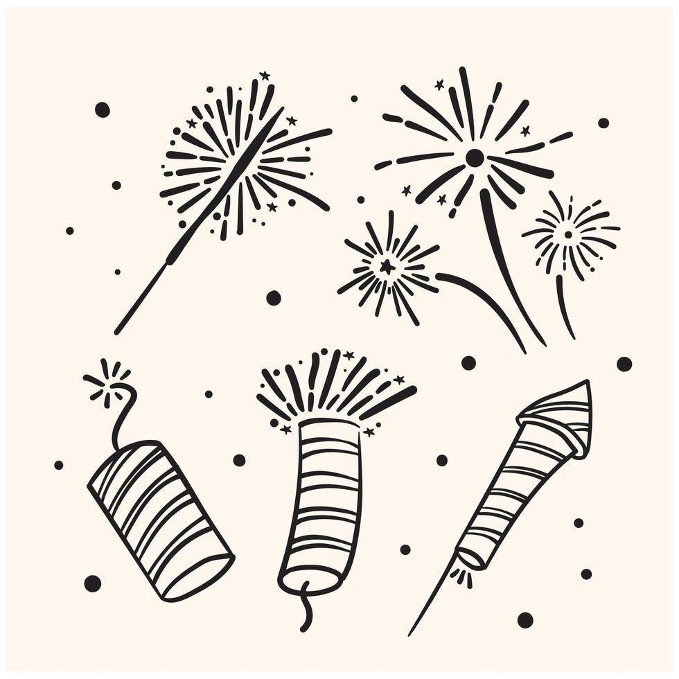 Firecrackers sparklers rocket With illustration style doodle vector