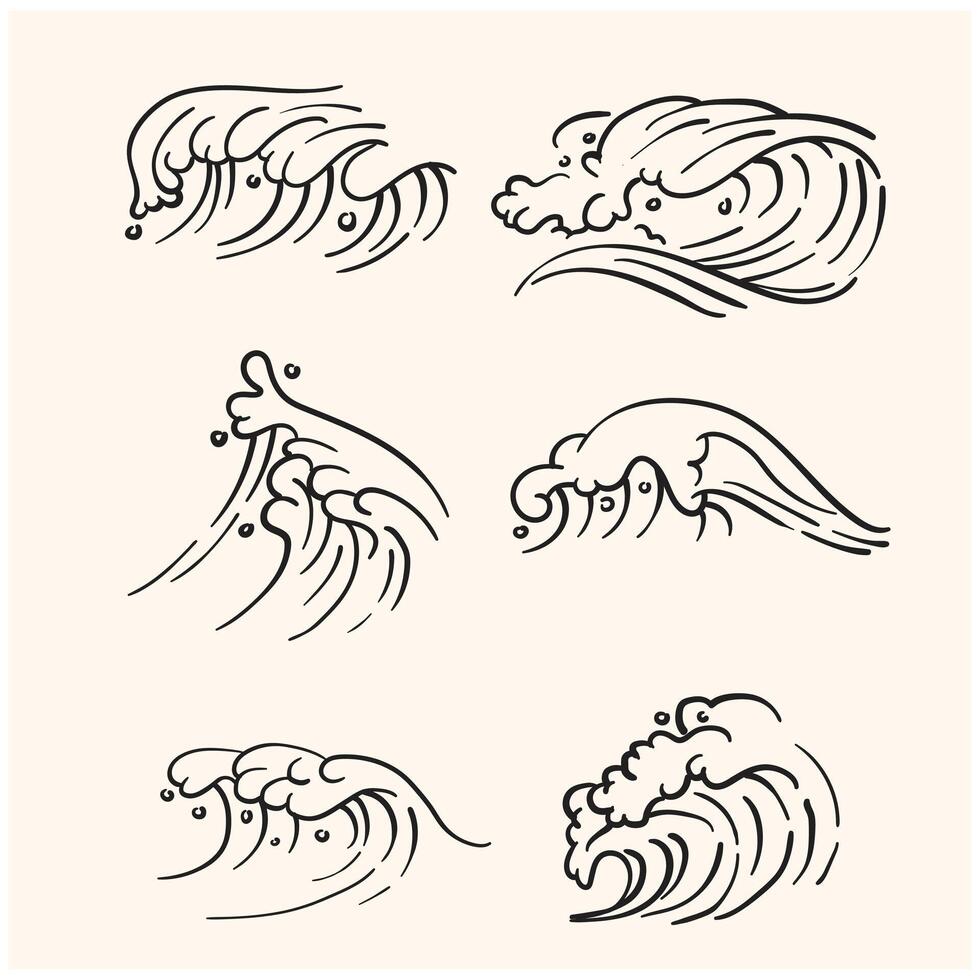 Sea with illustration and doodle line art vector