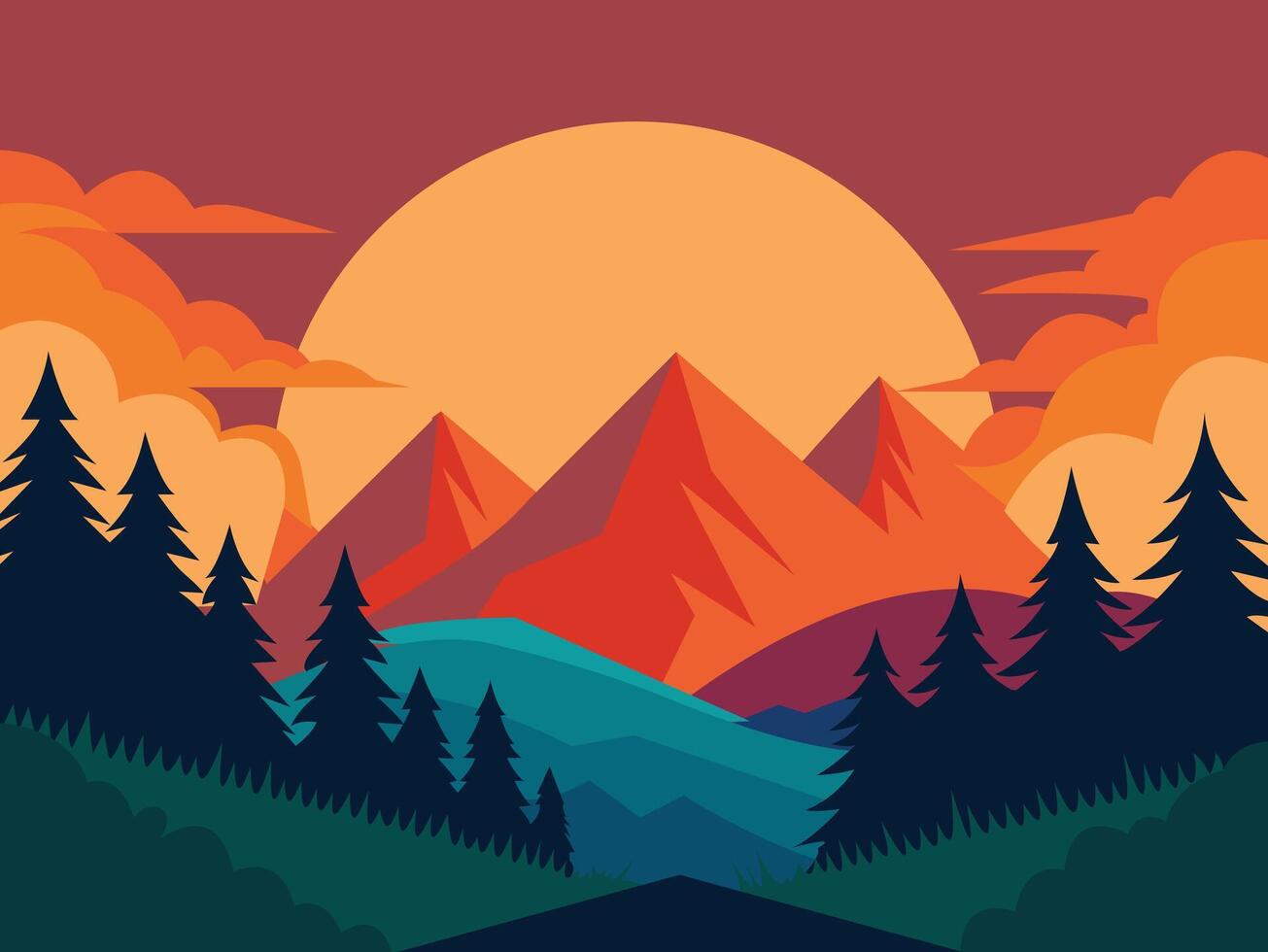 Illustration of sunset scene in nature with mountains and forest vector