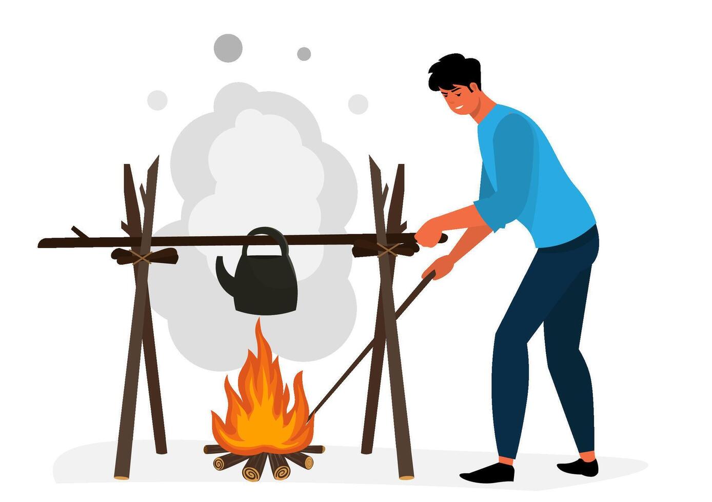 A young man makes a fire and boils hot water. in camping vector