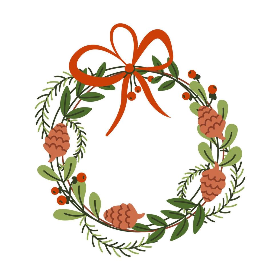 Christmas wreath with bow and pine cones flat color object. Happy winter holiday home decor illustration on white background vector