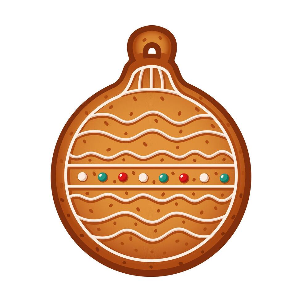 Gingerbread Christmas tree ball cookie flat color object. Festive homemade biscuit for holiday illustration on white background vector