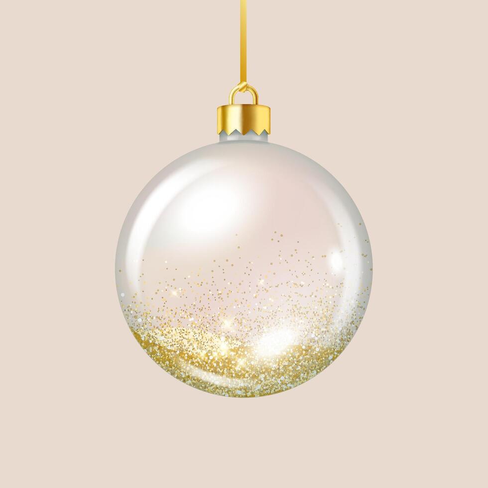 Glass Christmas ball realistic illustration. Festive New Year glass bauble with glitter 3d object on beige background vector