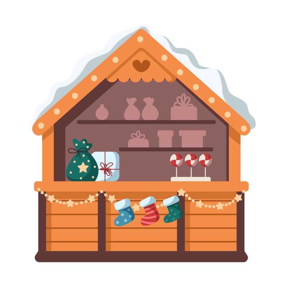 Christmas market stall with candies and gifts flat color object. Cute wooden kiosk offers festive products on white background vector