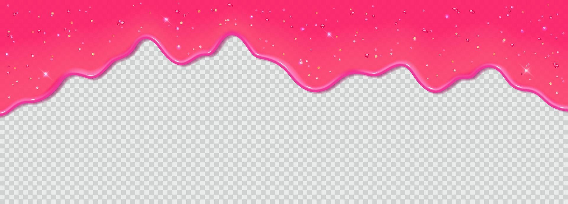 Realistic 3D dripping glossy pink slime with glitter isolated. Border of flowing sticky sweet jelly. template of chewing gum, cream or caramel icing for cake or donut vector