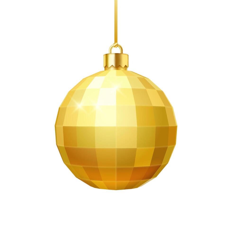 Golden Christmas ball realistic illustration. Festive bauble for traditional New Year home decoration 3d object on white background vector