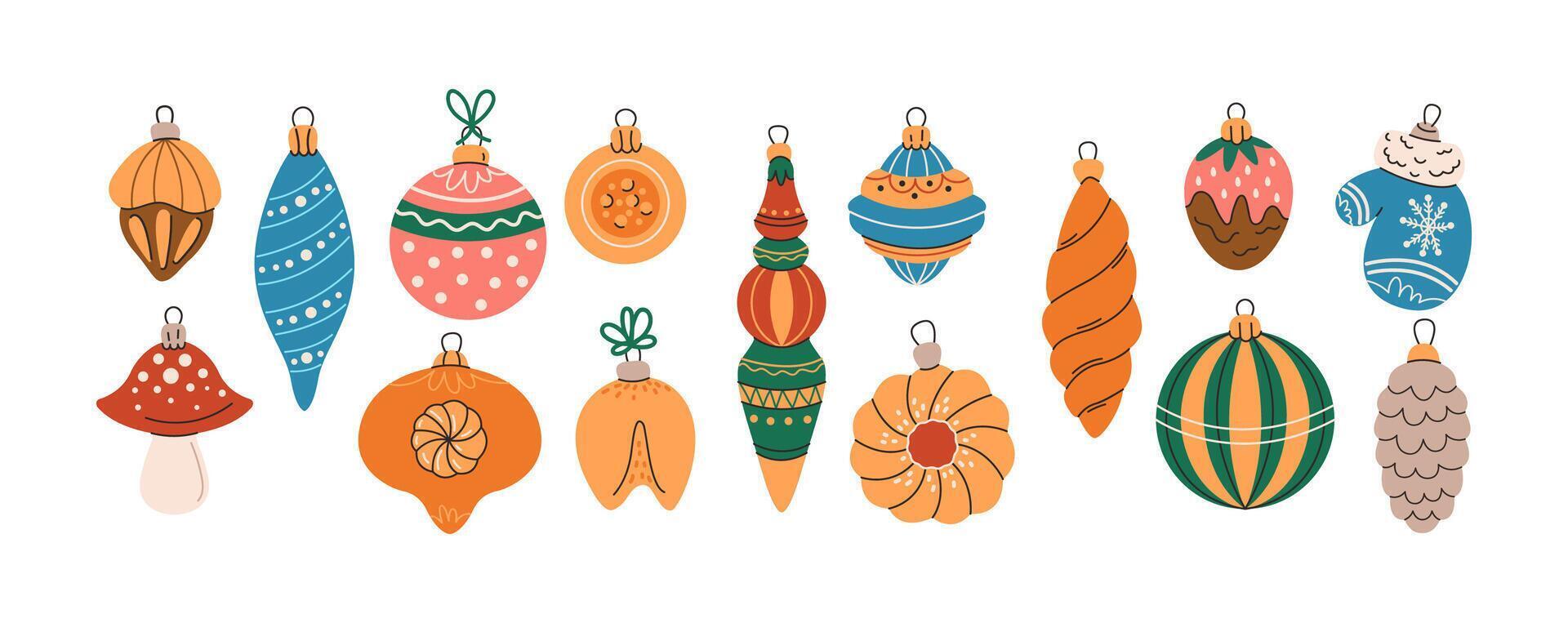 Christmas tree decorations flat color objects set. Stylish holiday ornaments collection illustrations bundle on white background vector