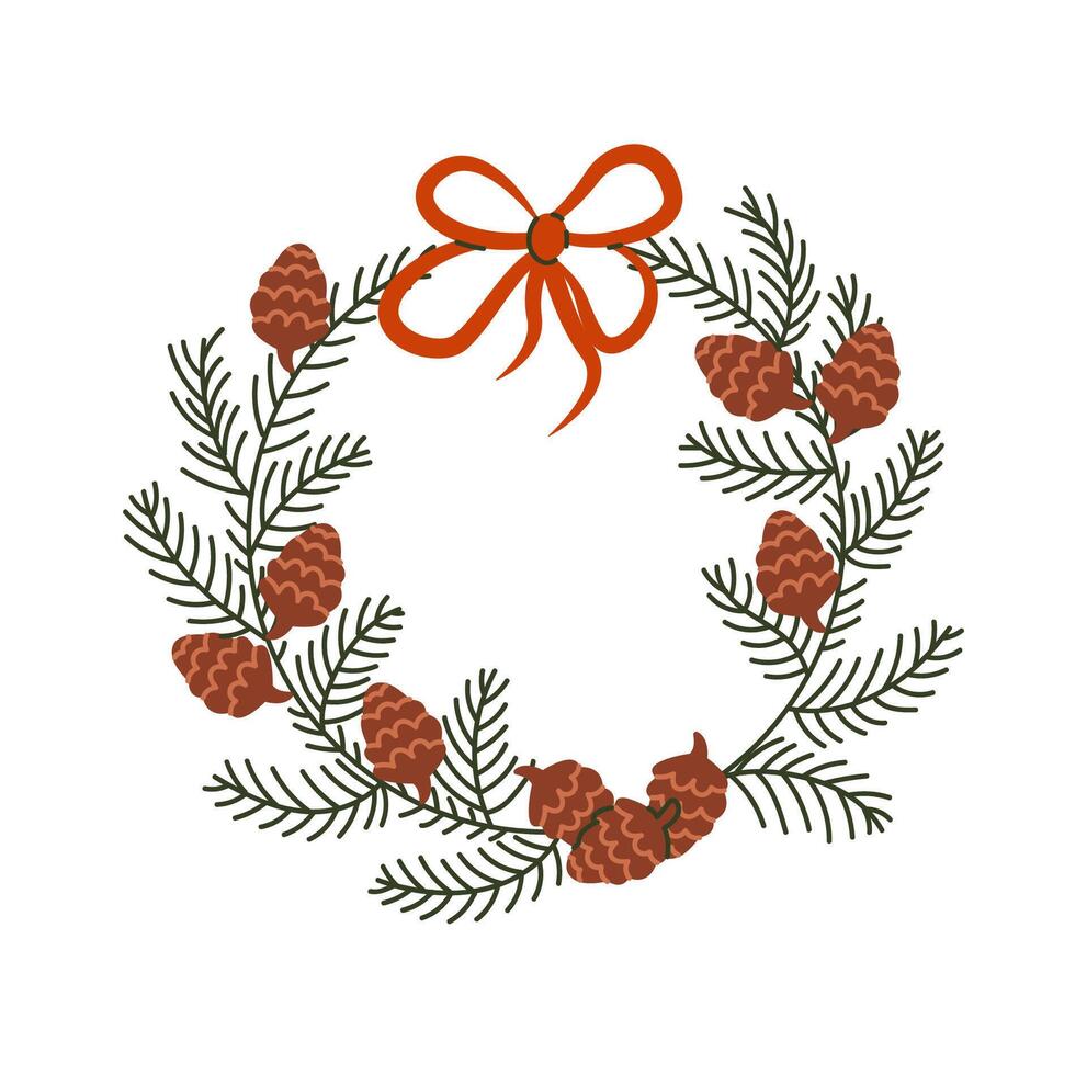 Christmas wreath with pine cones and bow flat color object. New Year home decor from fir branches illustration on white background vector