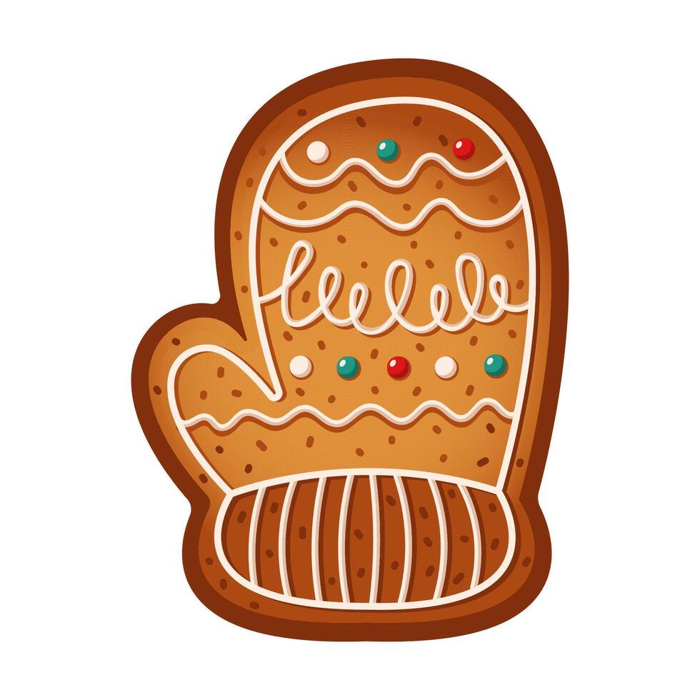 Gingerbread mitten adorned with glaze flat color object. Festive homemade pastry for Christmas celebration illustration on white vector