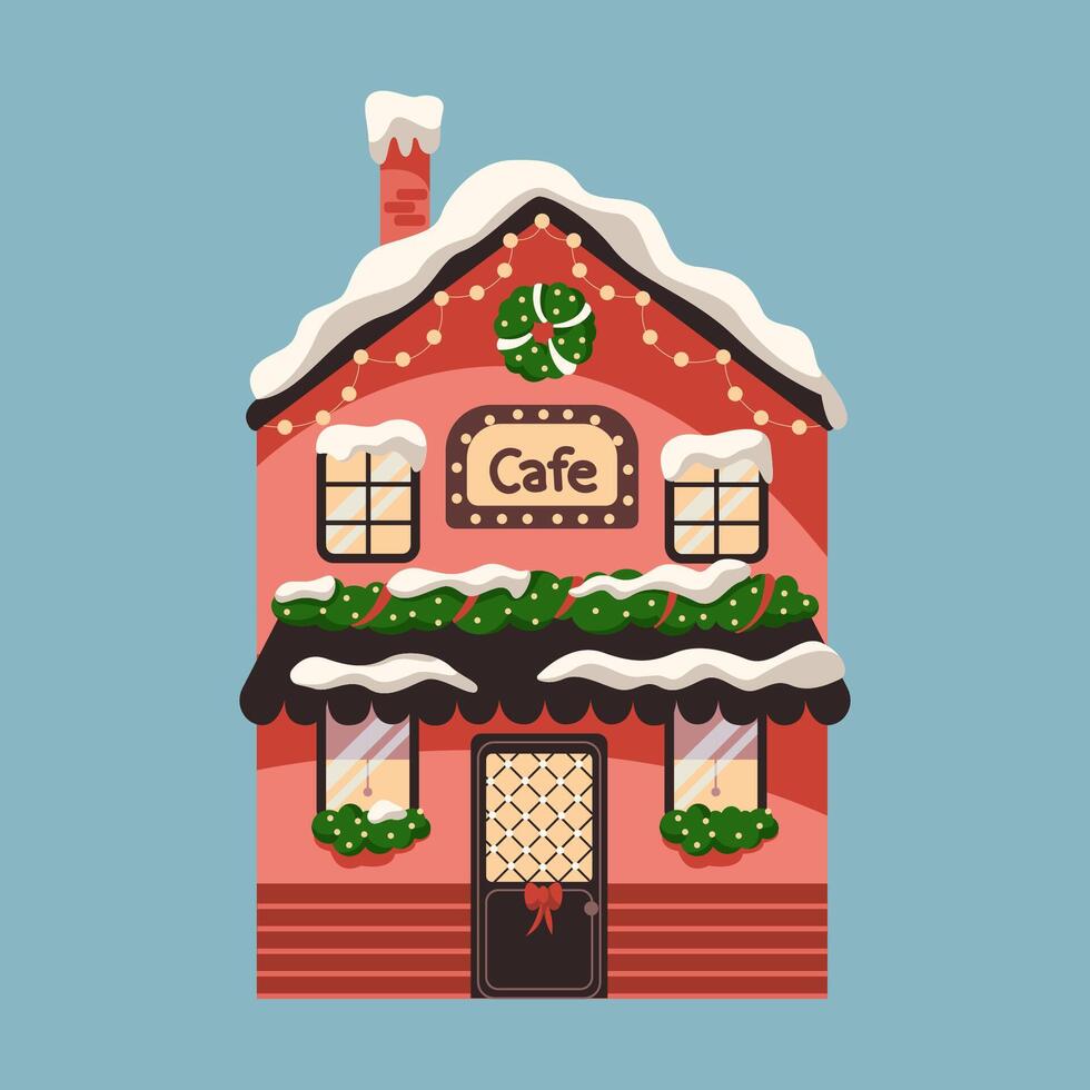 Cafe with New Year decorations flat color object. Building with festive winter holiday decor featuring garlands illustration on blue vector