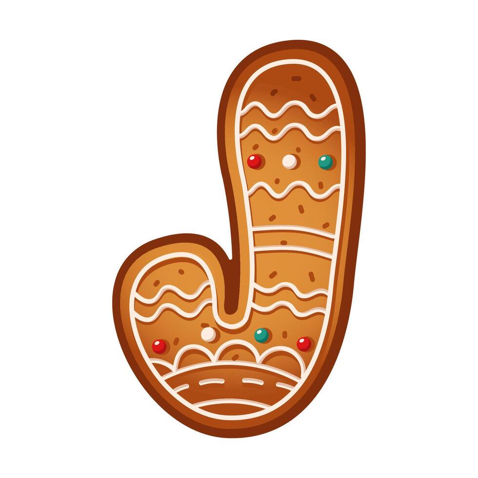 Tasty gingerbread cookie in form of candy cane flat color object. Festive pastry adorned with glaze illustration on white background vector
