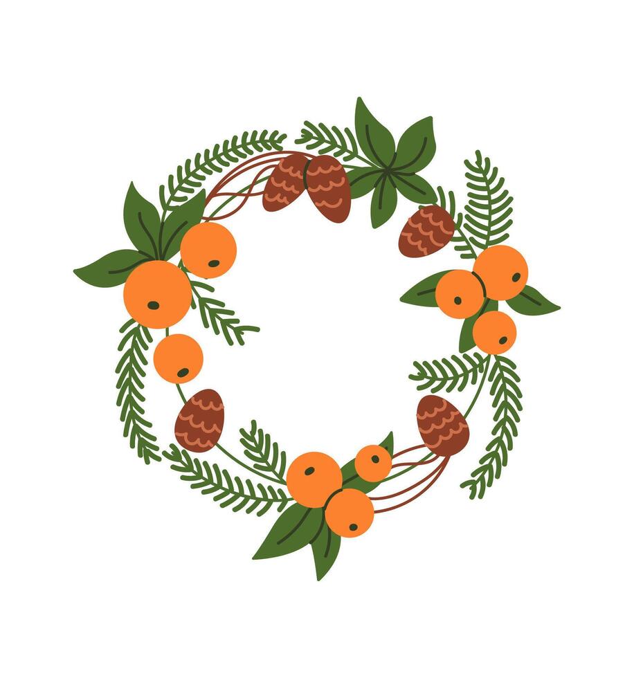 Christmas wreath with pine cones and tangerines flat color object. Winter holiday ornament illustration on white background vector