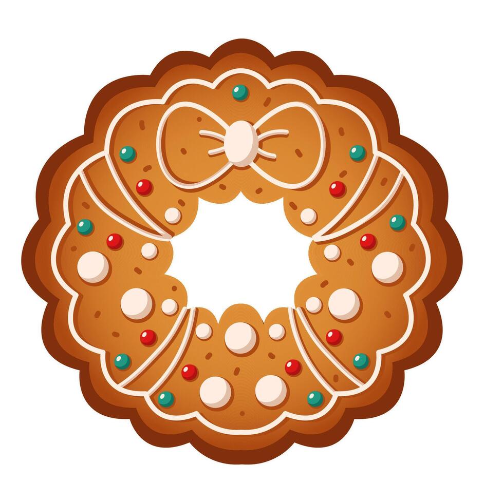 Christmas wreath shaped gingerbread cookie flat color object. Delicious snack for holiday atmosphere illustration on white background vector