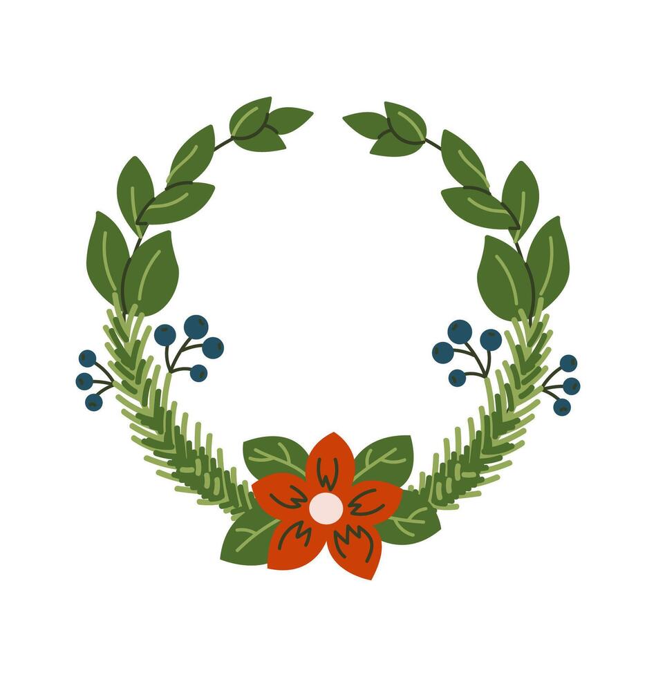 Christmas wreath with poinsettia flower flat color object. New Year garland with holiday elements illustration on white background vector