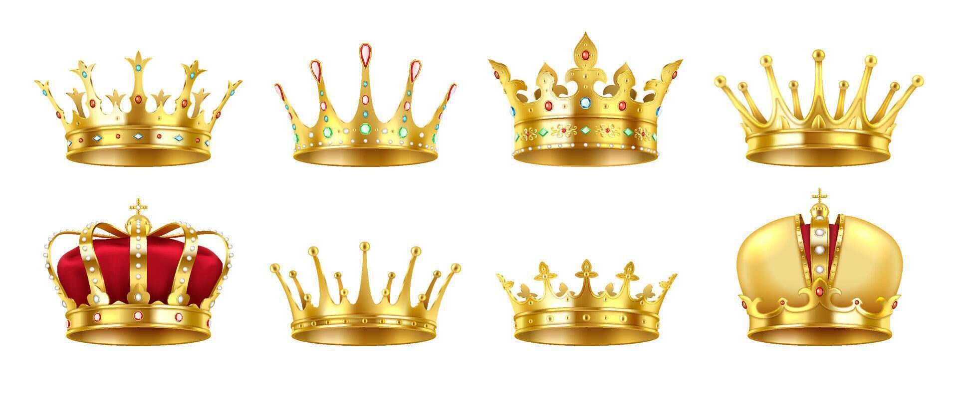 Luxury golden crowns with gemstones realistic illustration set. Collection of royal jewelry for kings and queens 3d models on white vector