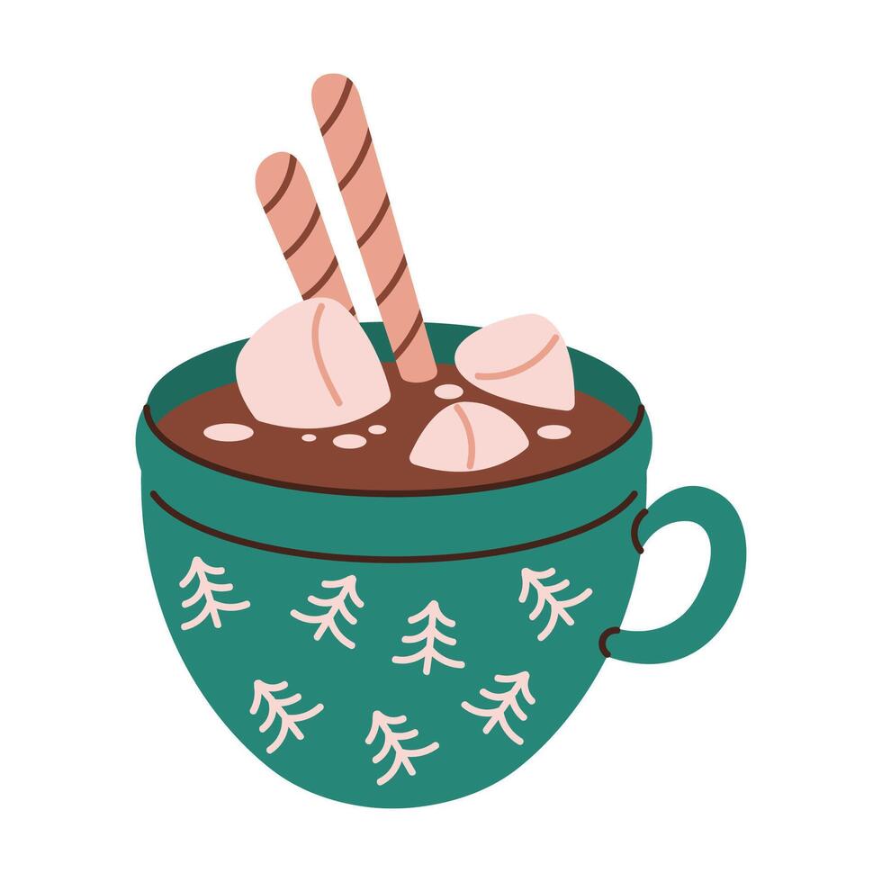 Hot chocolate with marshmallows flat color object. Warm festive beverage for Christmas eve illustration on white background vector