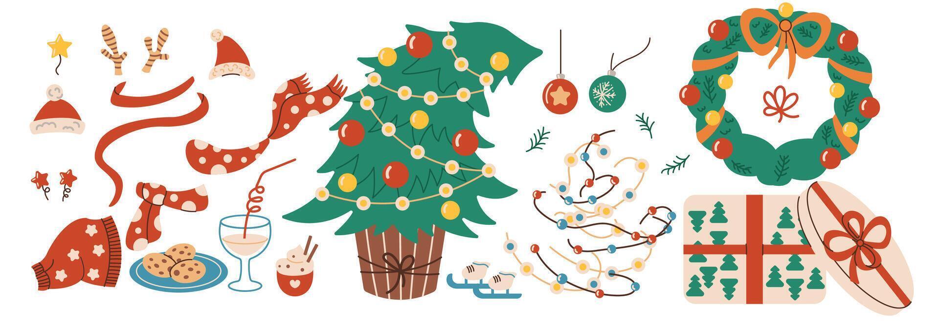 Traditional Christmas holiday attributes and accessories flat color objects set. New year ornaments illustrations bundle on white vector