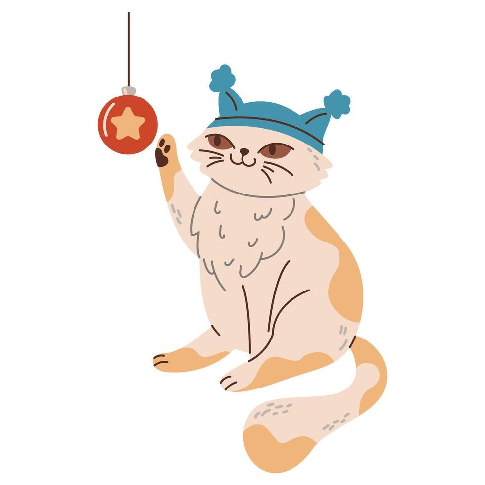 Cat plays with Christmas bauble flat color character. Happy animal celebrates winter holidays illustration on white background vector