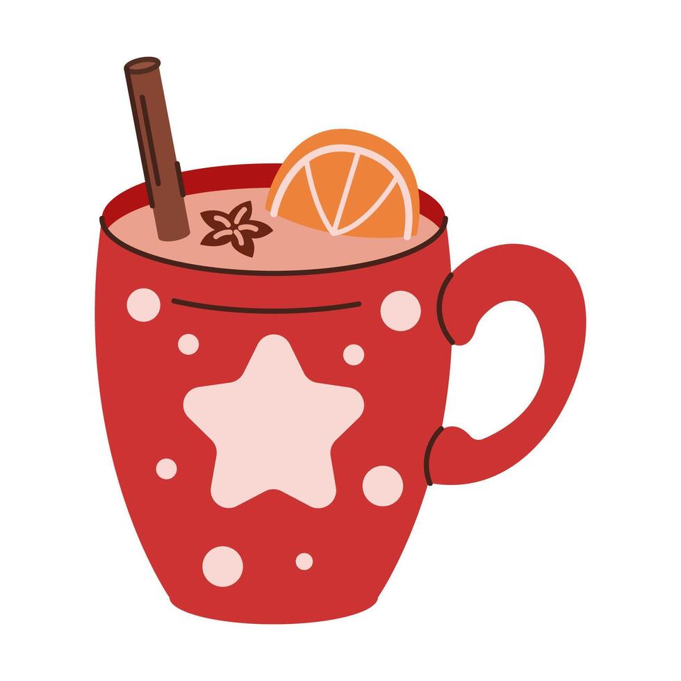 Homemade mulled wine with orange and spices flat color object. Warming Christmas drink in mug illustration on white background vector