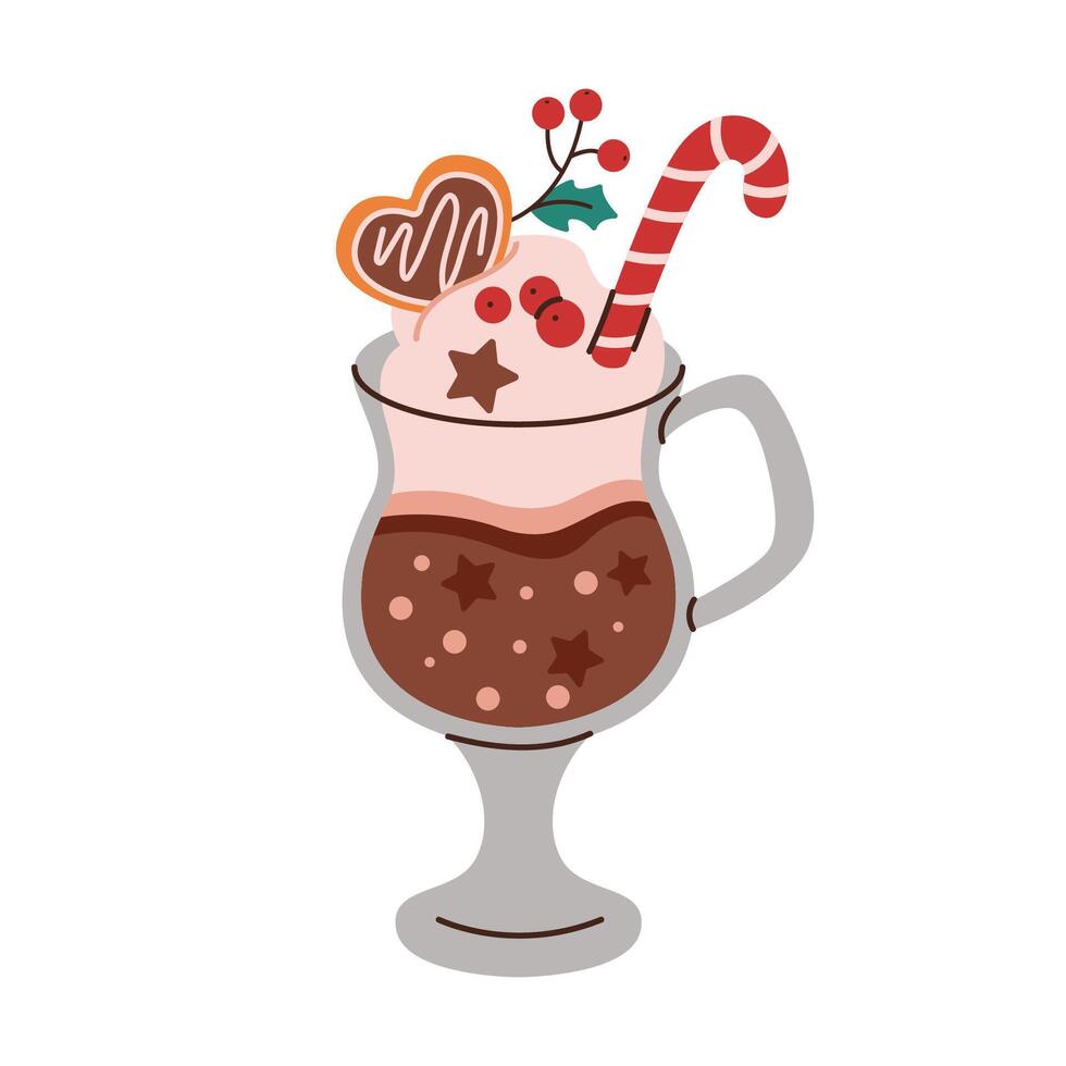 Cocoa with whipped cream in glass mug flat color object. Hot Christmas drink for holiday mood illustration on white background vector