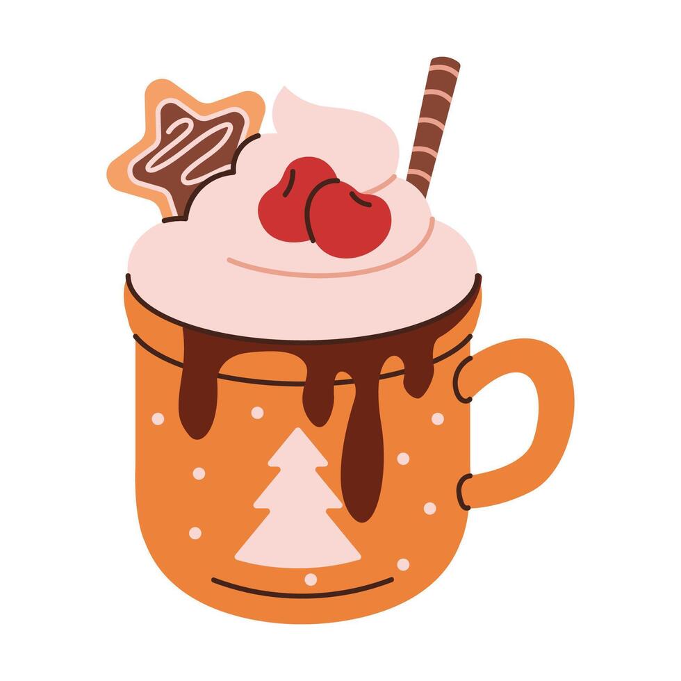 Hot Christmas drink with whipped cream flat color object. Warm winter holiday beverage in mug illustration on white background vector
