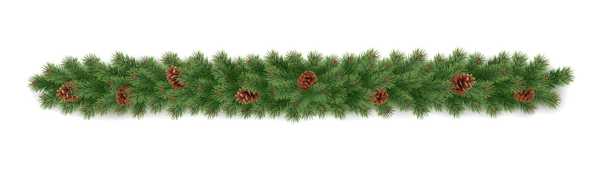 Long fir-tree garland with dry pinecones realistic icon. Traditional natural ornament for winter holidays 3d object illustration on white vector